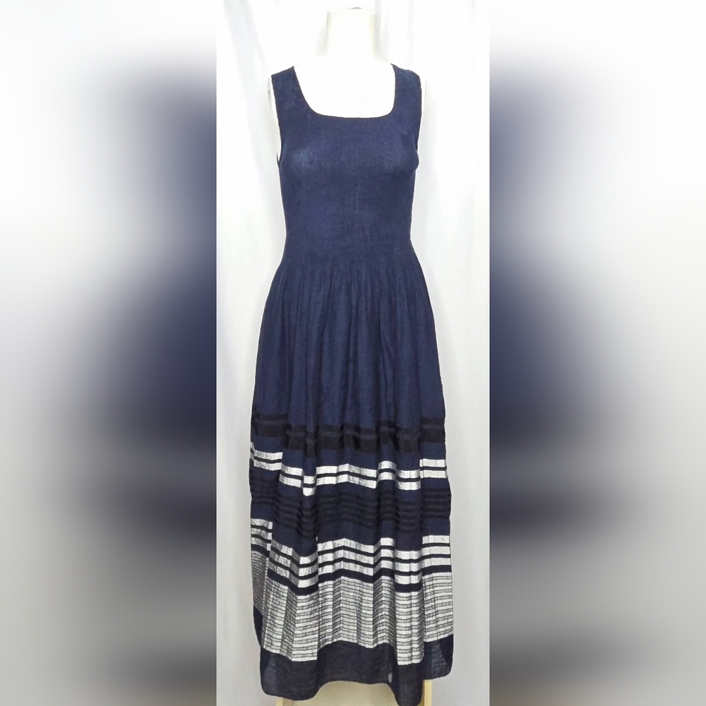 ​M.S.S.P. Max Studio Navy Blue Metallic Stripe‎ Maxi Dress M NWOT